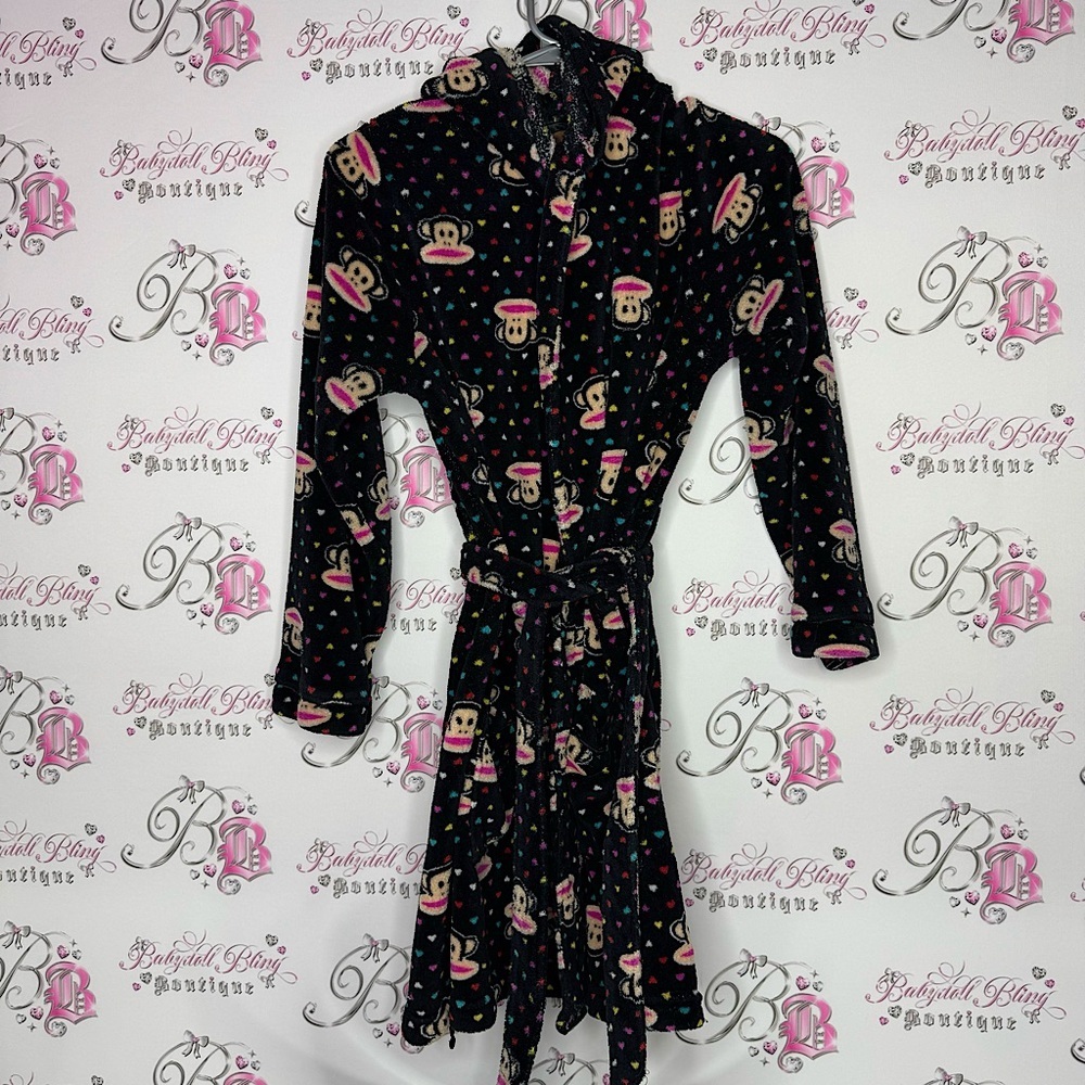 Paul frank robe 2011 colorful polka dots dotted monkey face fleece black tie up